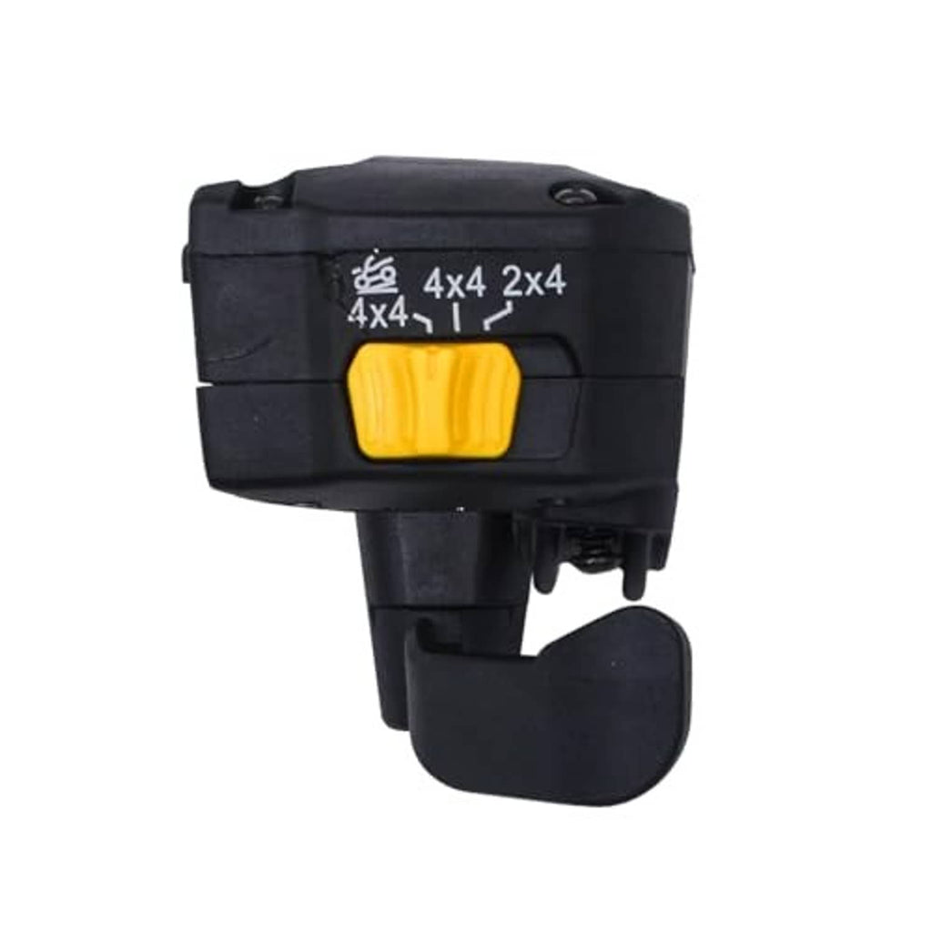 Thumb throttle control lever with black base, yellow selector button, and 4x4 labels