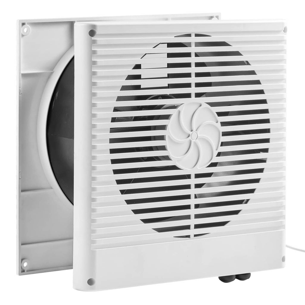 White wall-mounted ventilation fan with black grille and circular fan blades in panel