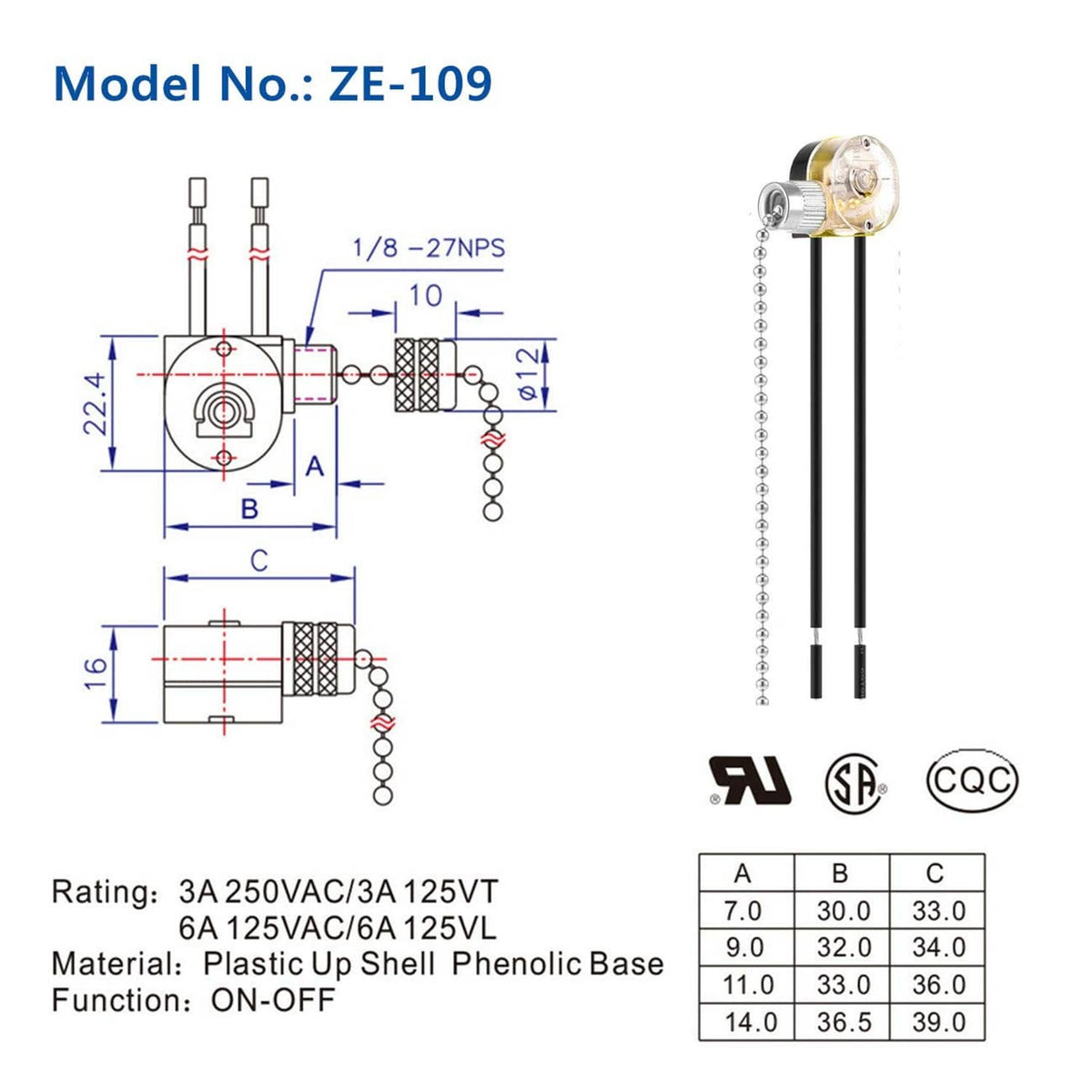ZE-109 pull chain switch diagram with dimensions and ON-OFF function