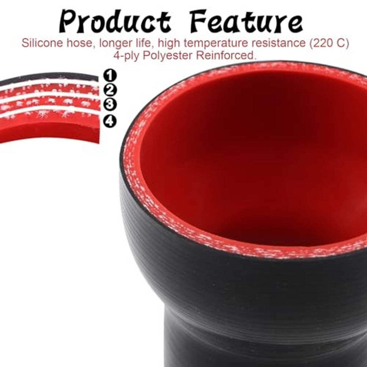 Black silicone reducer coupler close-up showing red reinforced inner rim