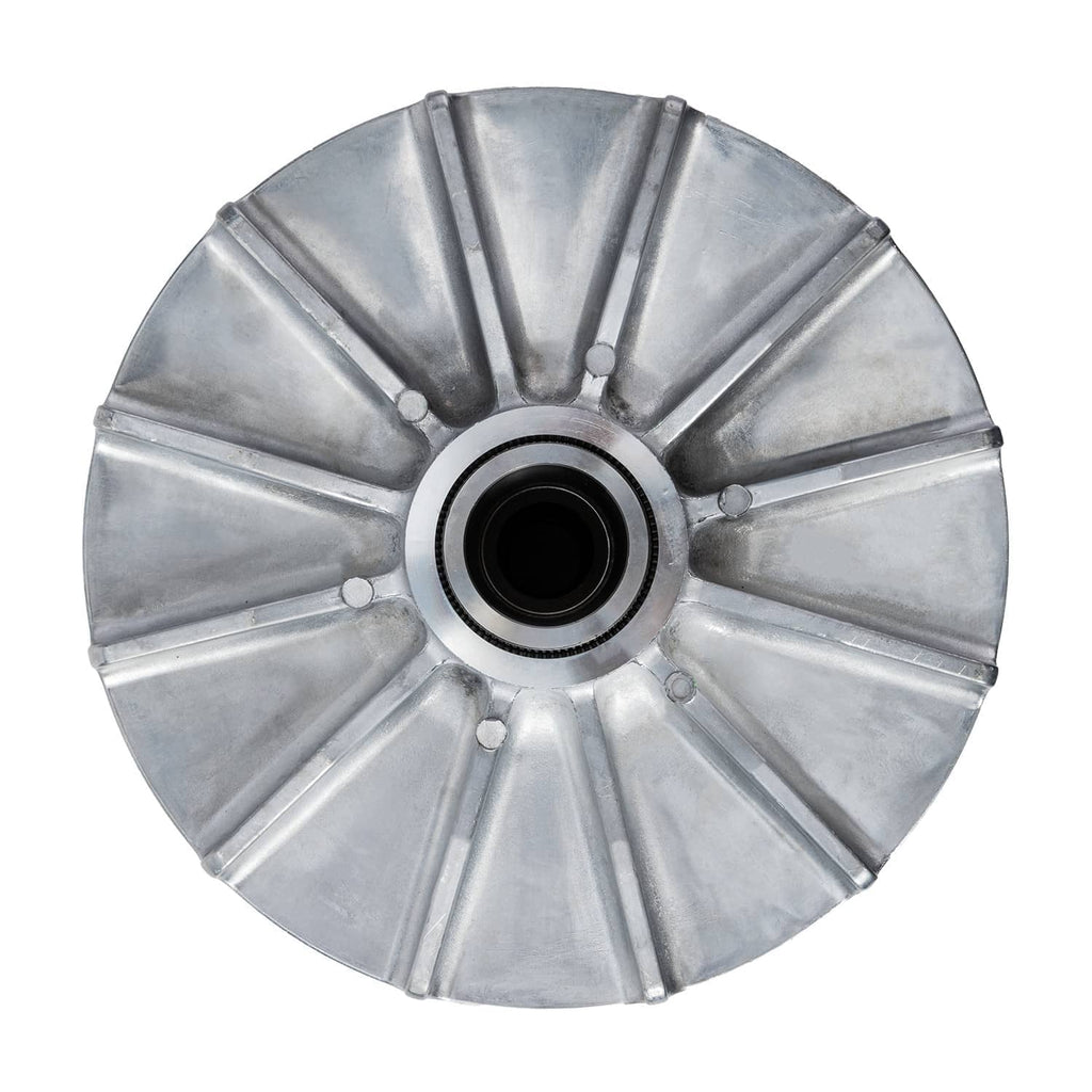 Aluminum clutch pulley cover with central bearing opening, silver metal