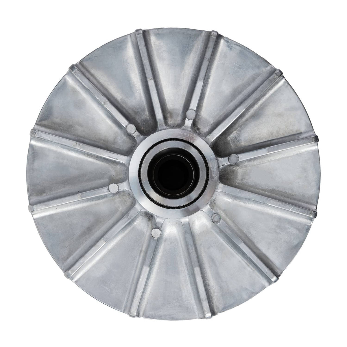 Aluminum clutch pulley cover with central bearing opening, silver metal