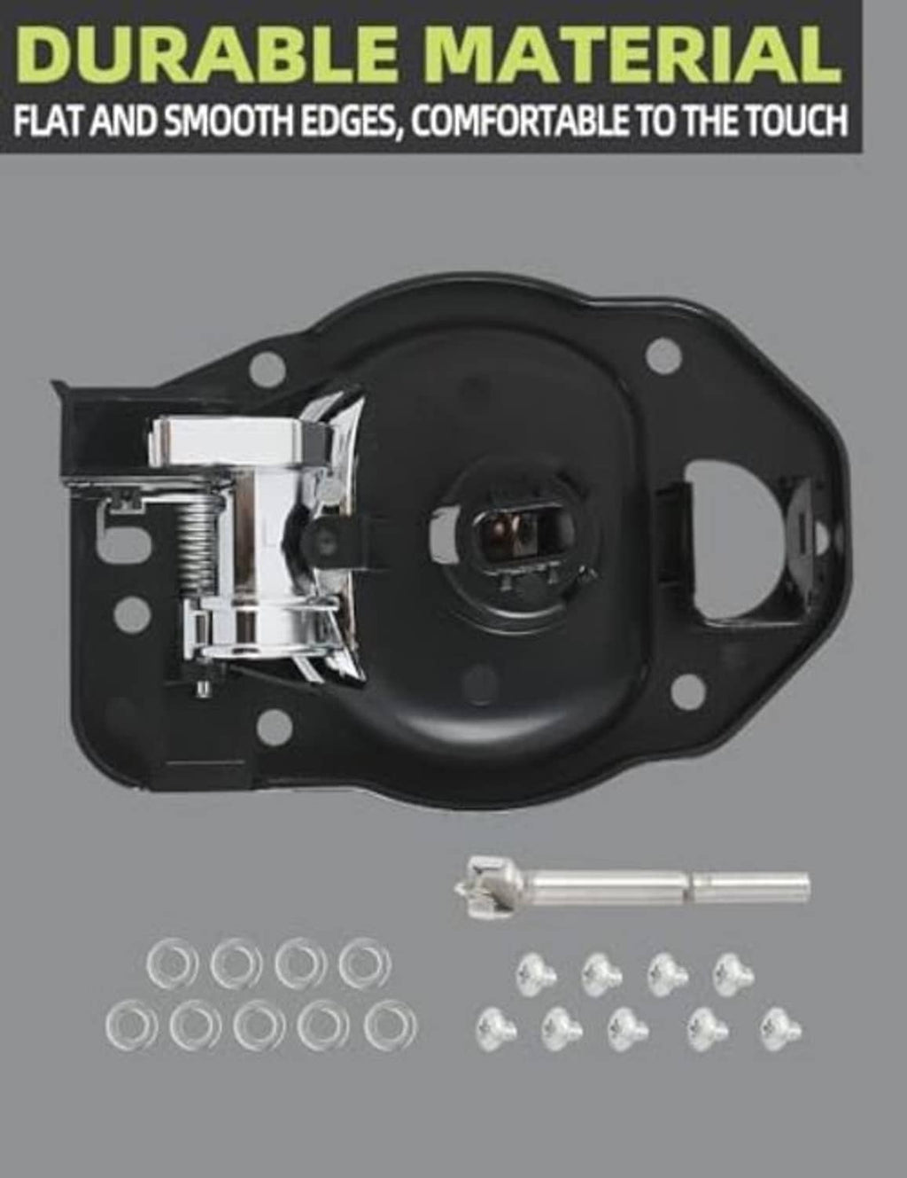 Interior door handle assembly with chrome lever, black base, and mounting hardware