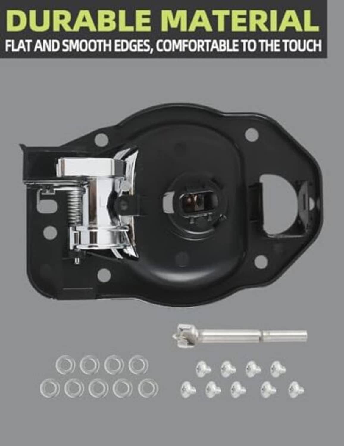 Interior door handle assembly with chrome lever, black base, and mounting hardware