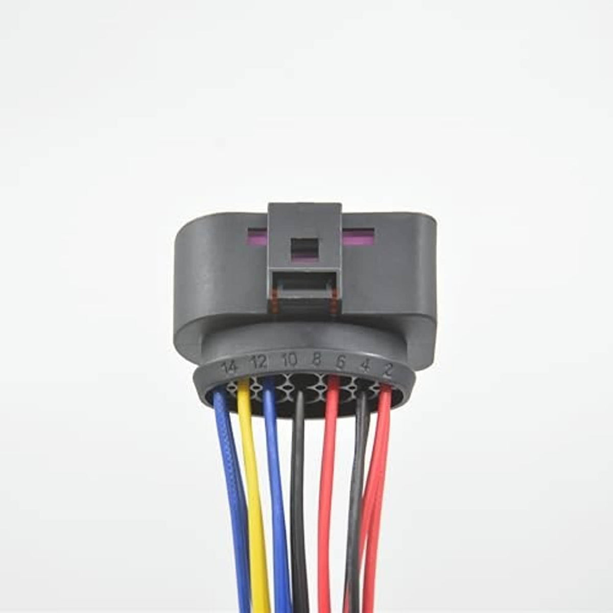 14-pin car HID xenon pigtail plug housing top with connection slot and wire colors