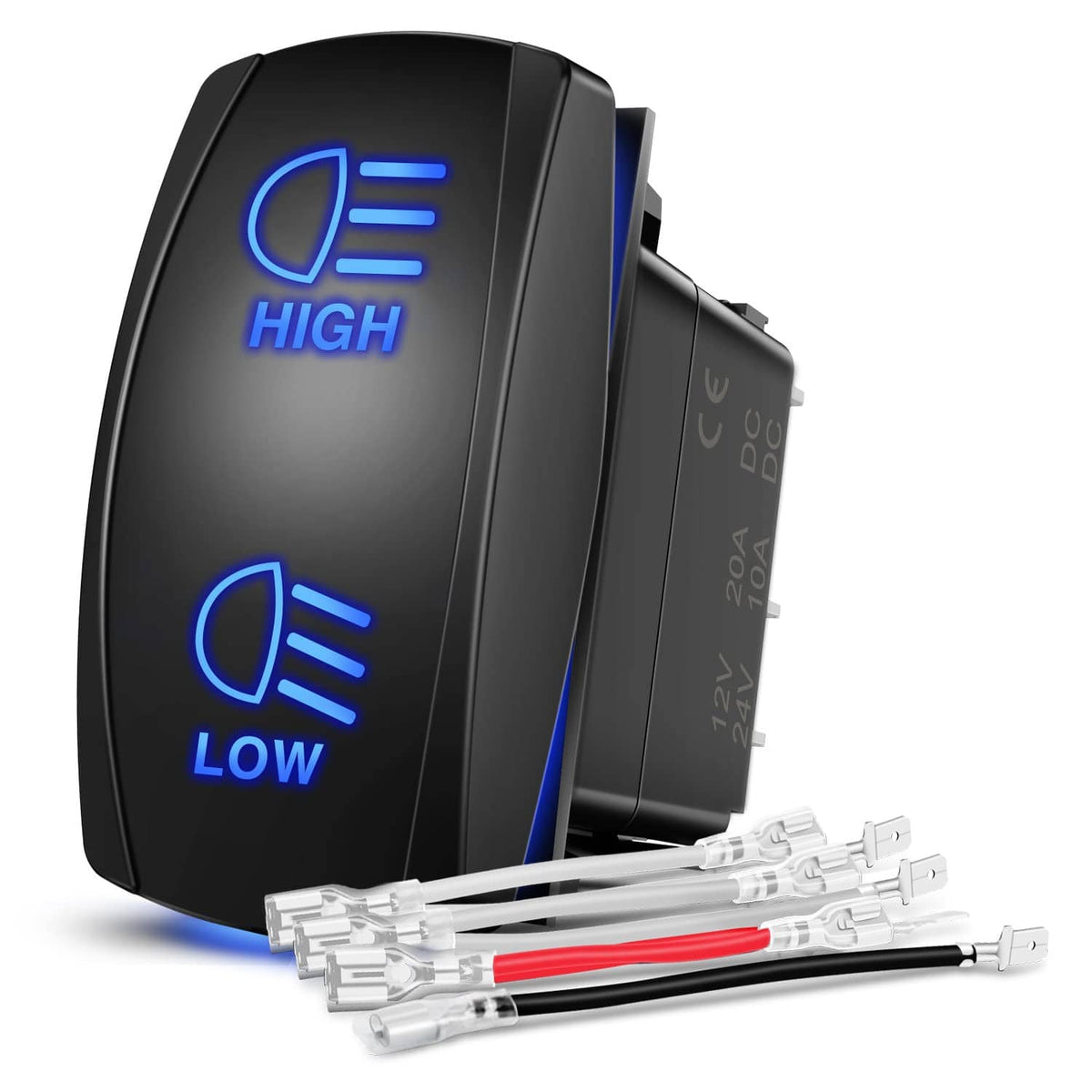 Illuminated high/low beam rocker switch, black panel with blue HIGH and LOW markings
