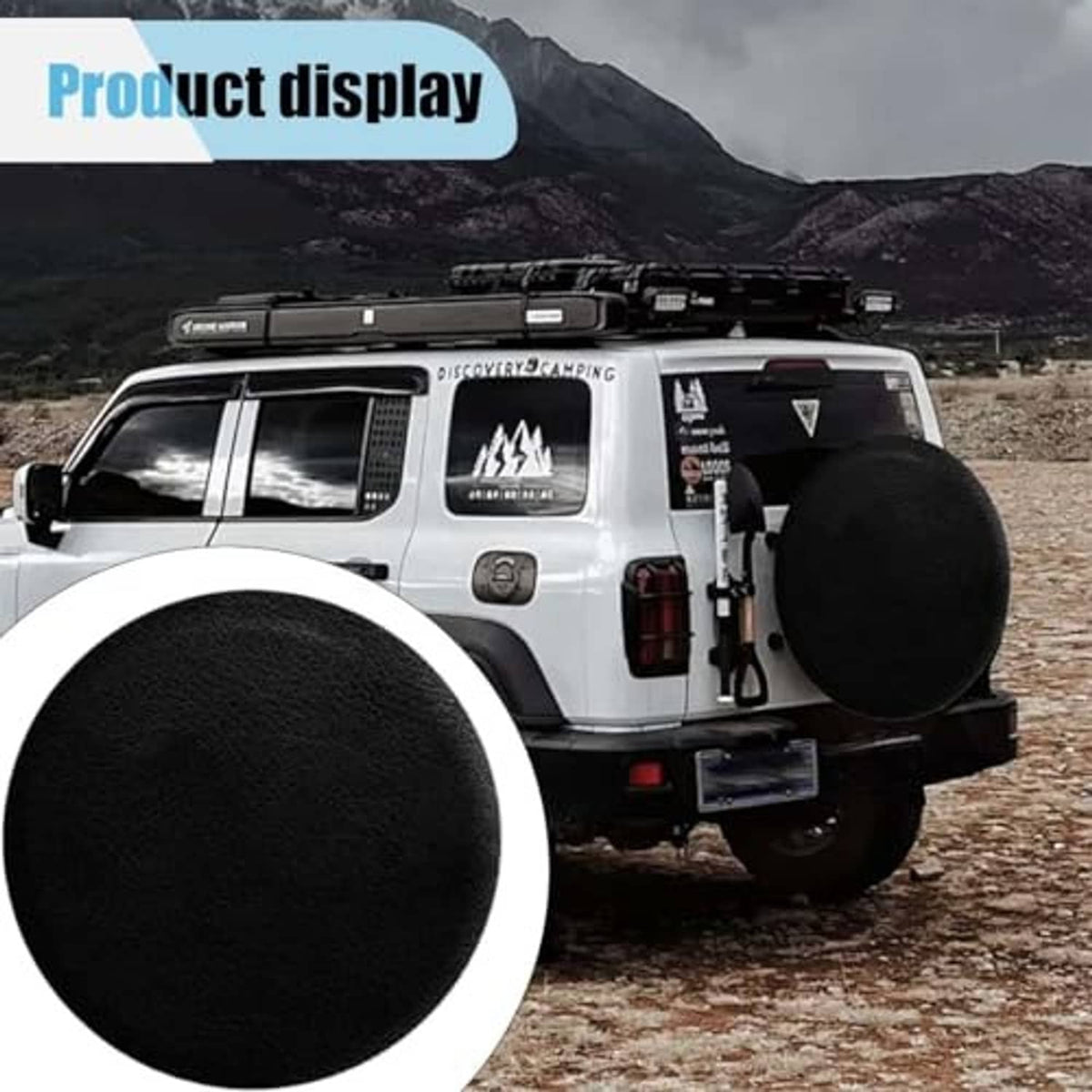 Black spare tire cover on rear of SUV with textured surface