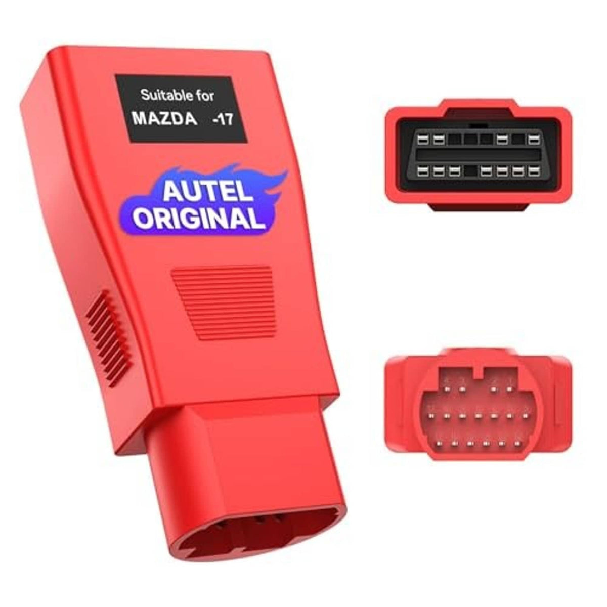 Red OBD adapter showing 17-pin male and 16-pin female connector ends