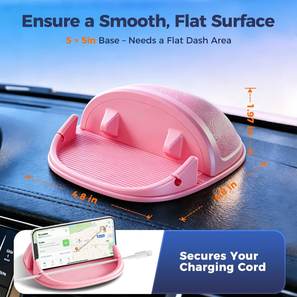 Pink silicone car phone holder base with ridged mat for smooth flat dash mounting