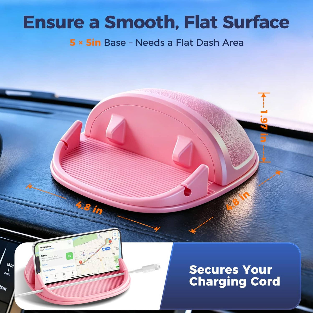 Pink silicone car phone holder base with ridged mat for smooth flat dash mounting