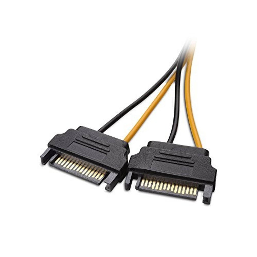 Dual SATA power connector ends, black housings with gold pins on PCIe cable