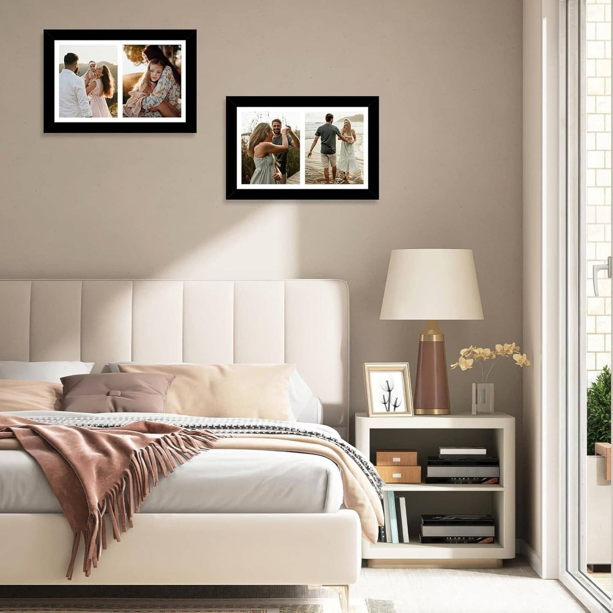 Black double photo frames on bedroom wall displaying two photos