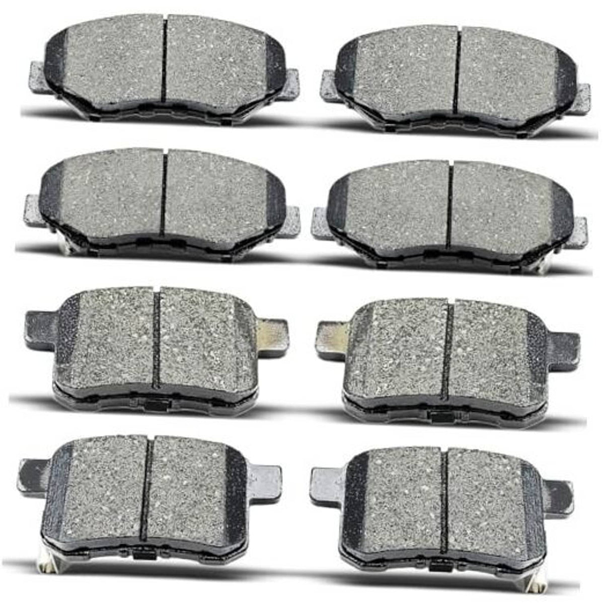 Set of gray ceramic brake pads with black backing plates, shown in multiple pieces