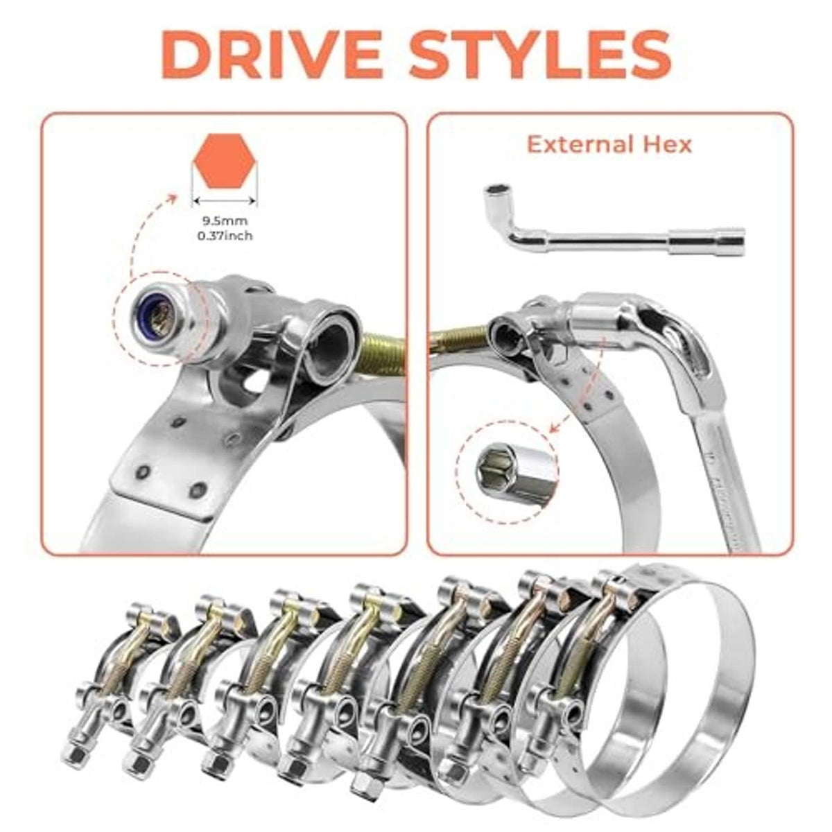 T-bolt hose clamp with external hex drive and stainless mounting bracket