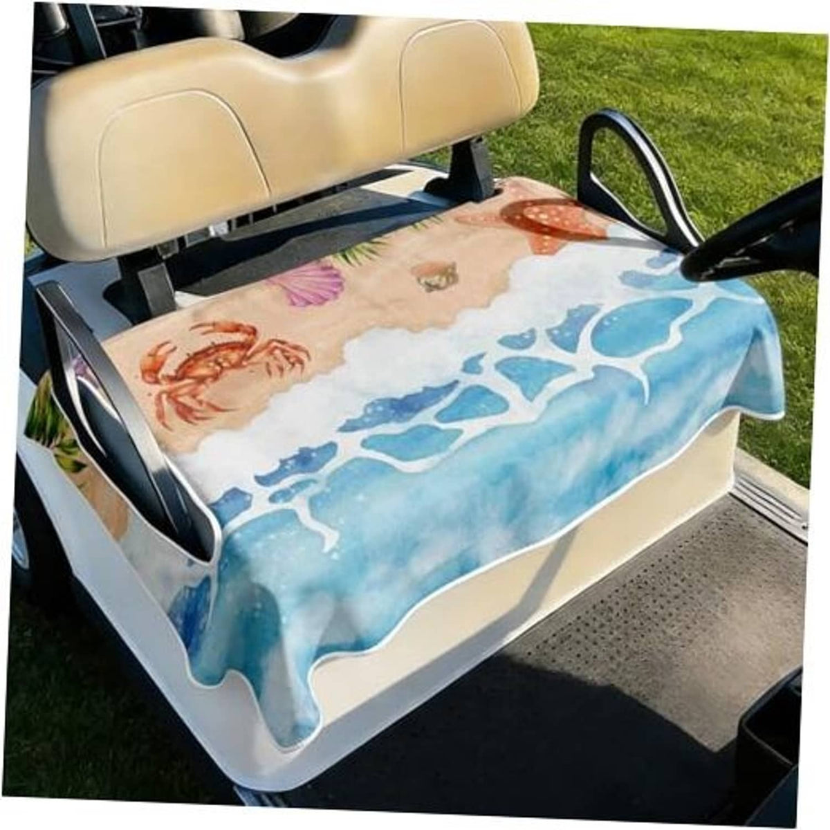 Universal golf cart seat cover with blue ocean wave pattern and seashell crab print