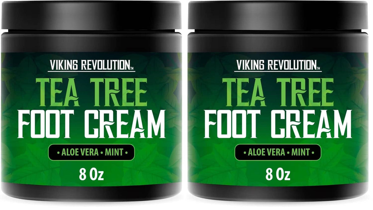 Tea tree foot cream jars, 8 oz each, green aloe vera mint label, black lids