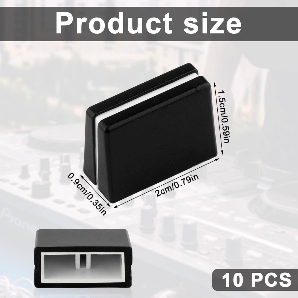 Black fader cap set, rectangular replacement slider knobs with internal insert, size shown