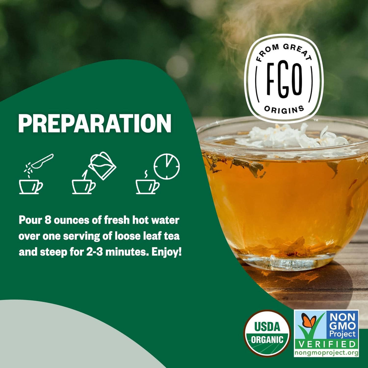 Jasmine pearl green tea preparation: glass cup of hot tea with tea leaves