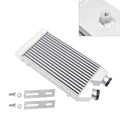 Aluminum front-mount intercooler with black inlet/outlet caps and silver end tanks