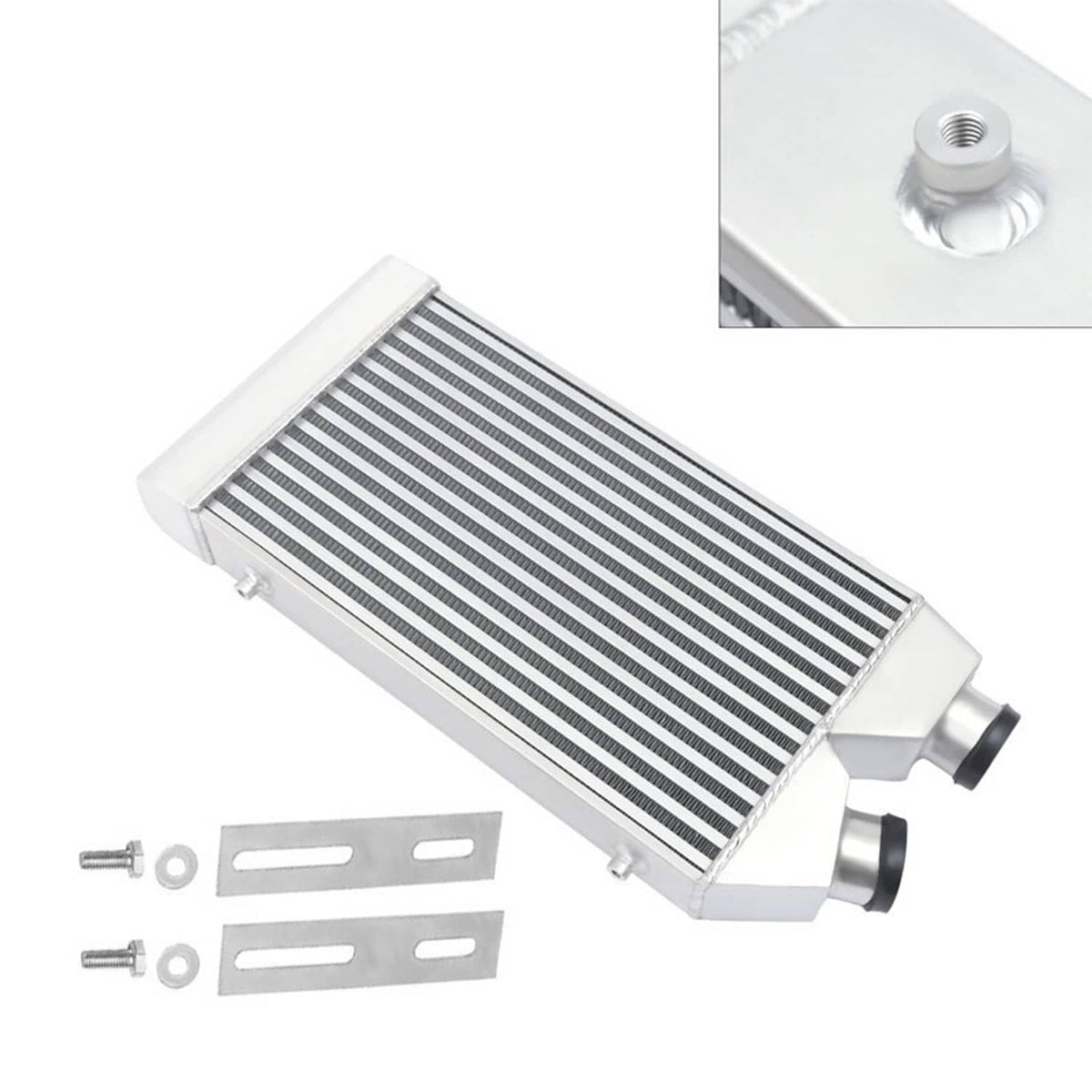 Aluminum front-mount intercooler with black inlet/outlet caps and silver end tanks