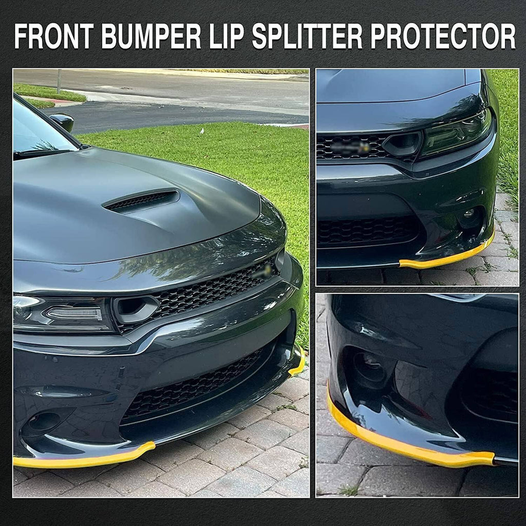 Yellow front bumper lip splitter protector installed on a car front bumper