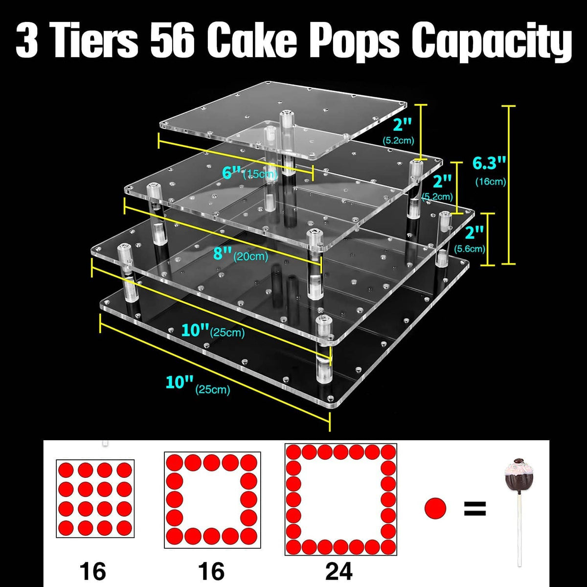 Clear three-tier cake pop stand diagram showing 56-hole capacity and measurements
