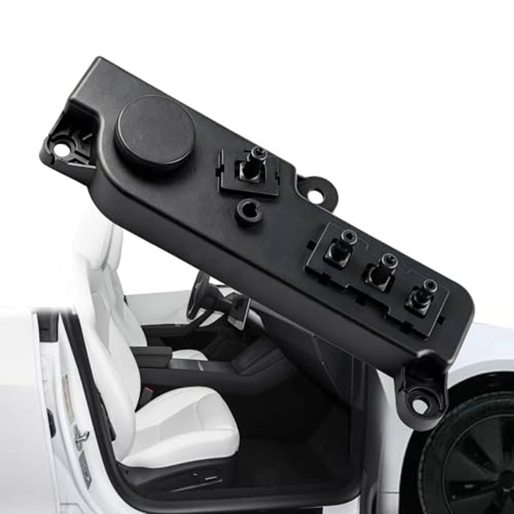 Black power seat control switch panel with round knob and row of mounted rocker switches