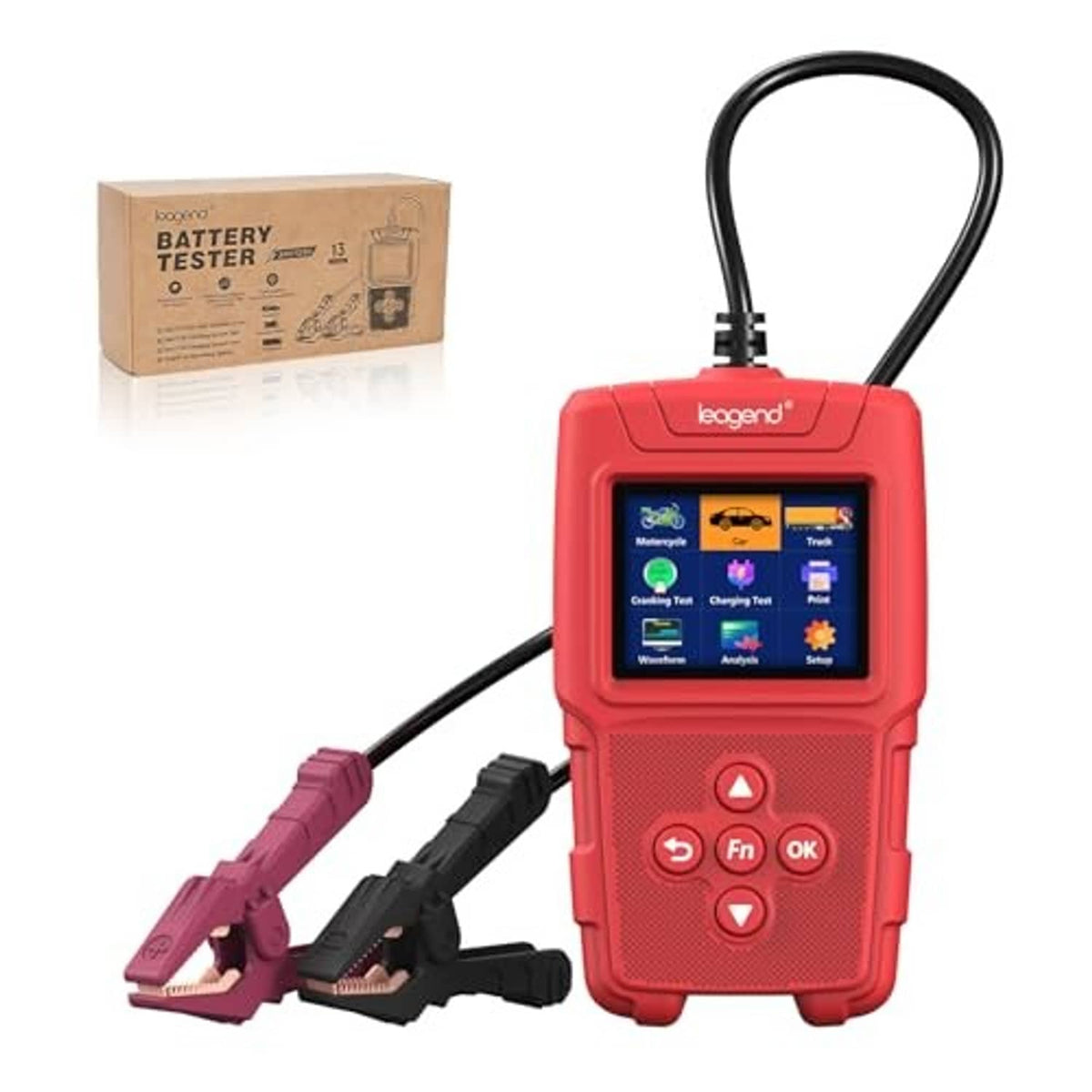 Red handheld battery tester with color display, cable leads, and black and red alligator clamps