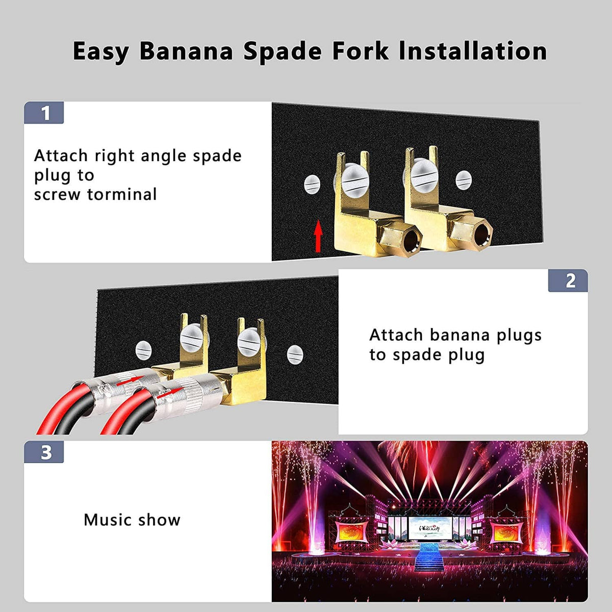 Gold banana and spade plug connection steps shown with right-angle spade fork terminals