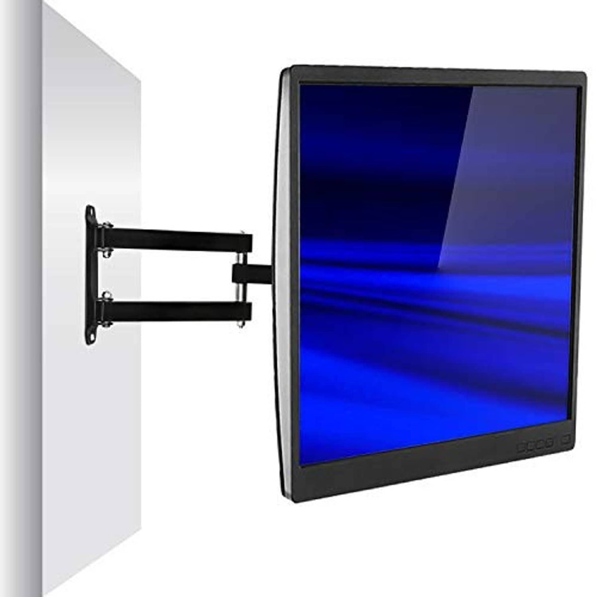 Black flat TV wall mount with articulating arm holding a screen panel
