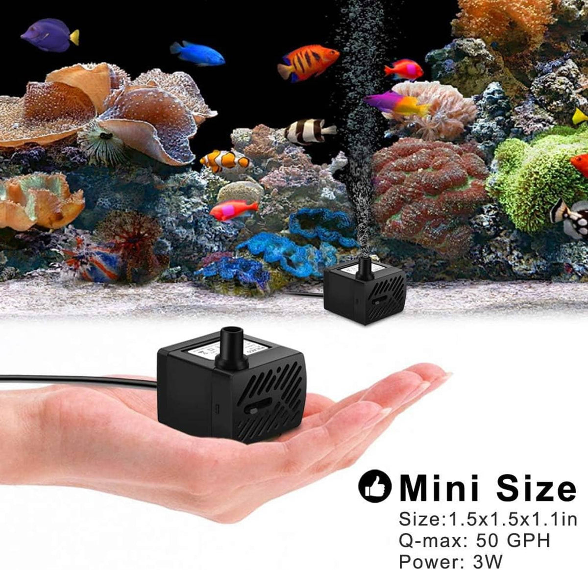 Mini submersible water pump in black housing, held in open palm