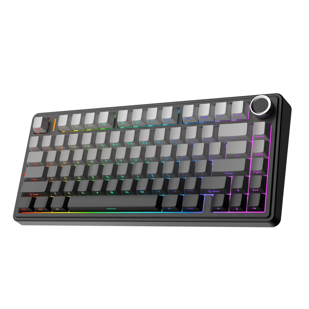 Black mechanical keyboard with RGB backlit keycaps and a round volume-style knob