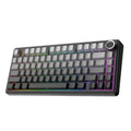 Black mechanical keyboard with RGB backlit keycaps and a round volume-style knob