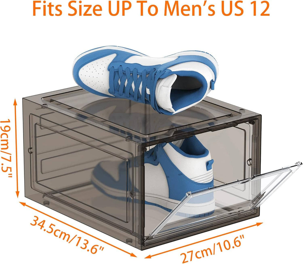 Clear shoe storage box with hinged top door holding a blue-and-white sneaker