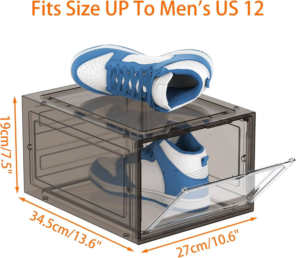 Clear shoe storage box with hinged top door holding a blue-and-white sneaker