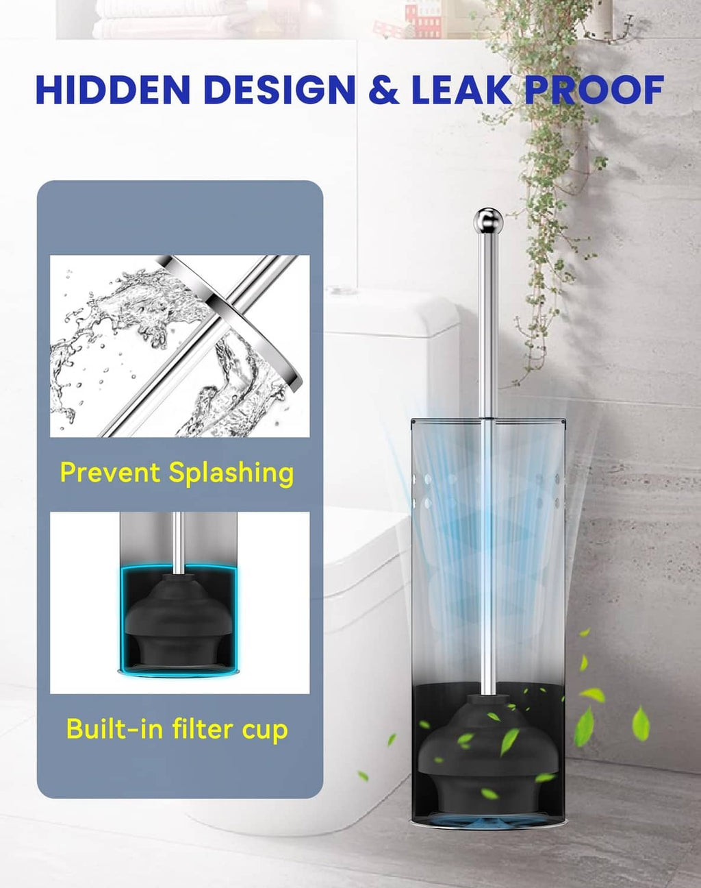 Chrome toilet plunger holder with clear splash shield and vertical plunger handle