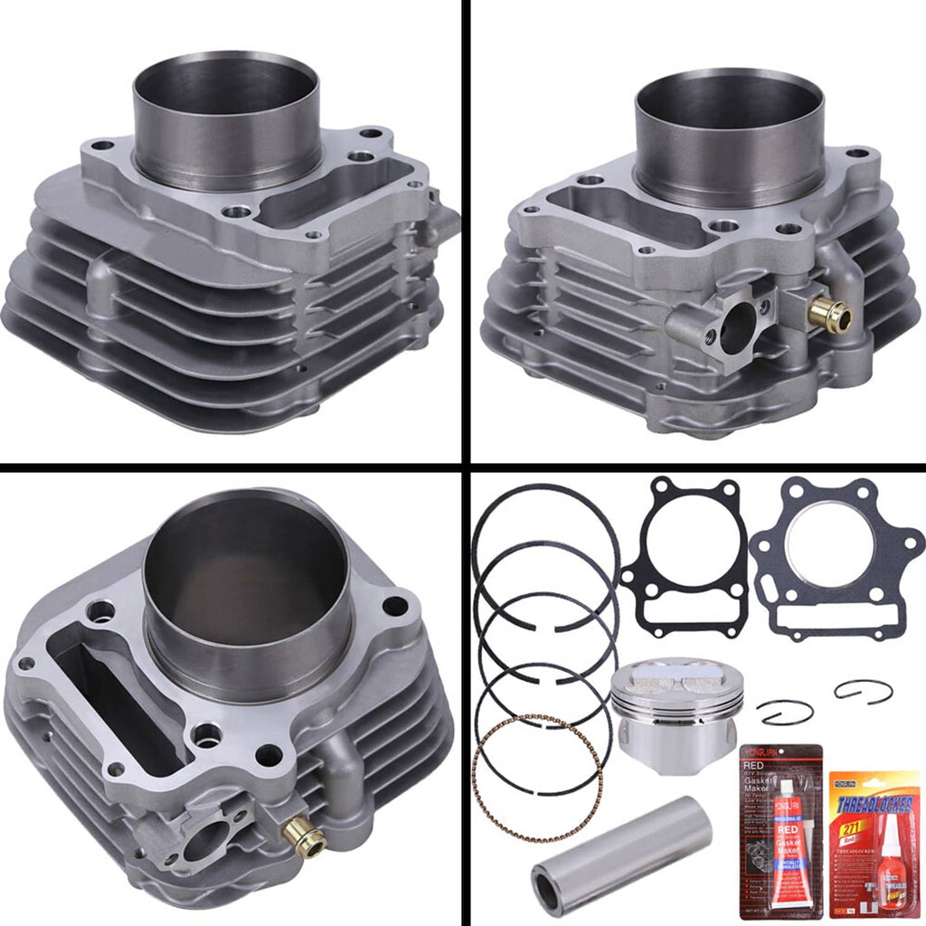 Cylinder kit with piston rings, gaskets, and piston shown in multiple views