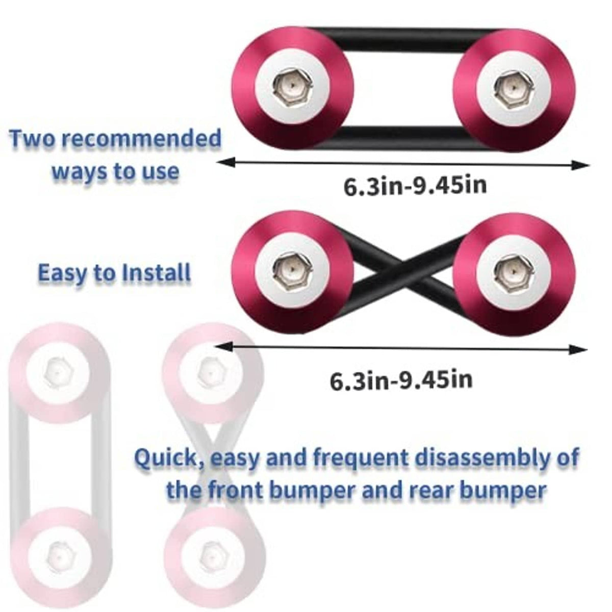 Pink bumper quick-release kit with two bar styles and included hardware dimensions