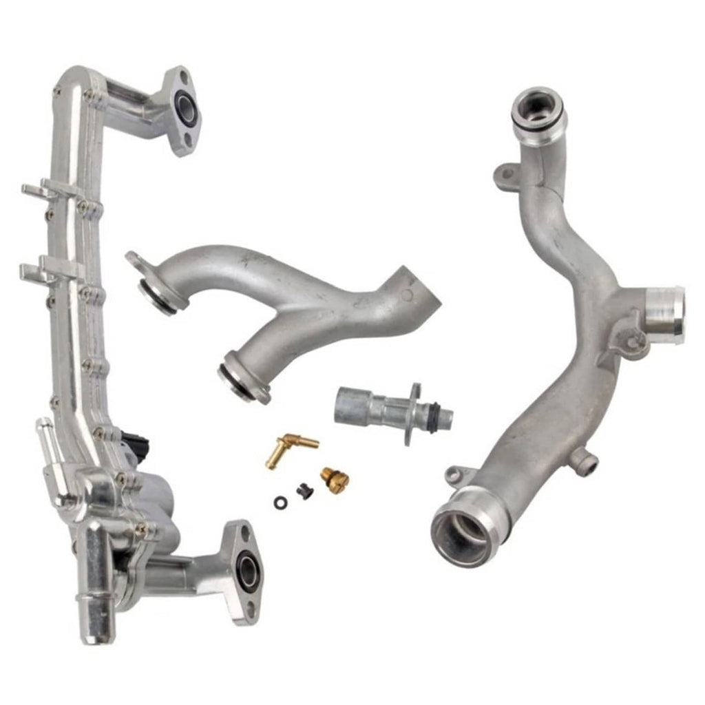Metal coolant pipe kit with curved tubes, flanges, and mounting fittings