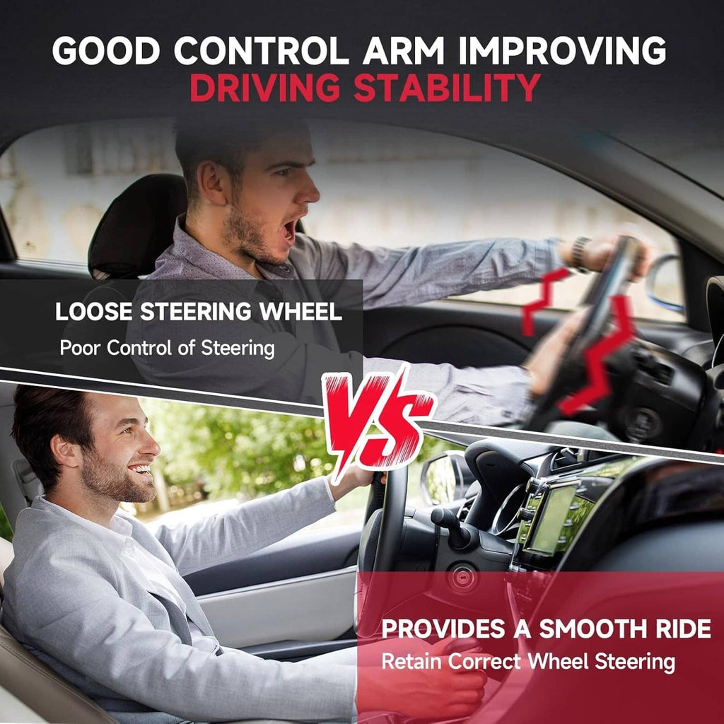 Driver in car interior with steering wheel and suspension stability comparison graphic