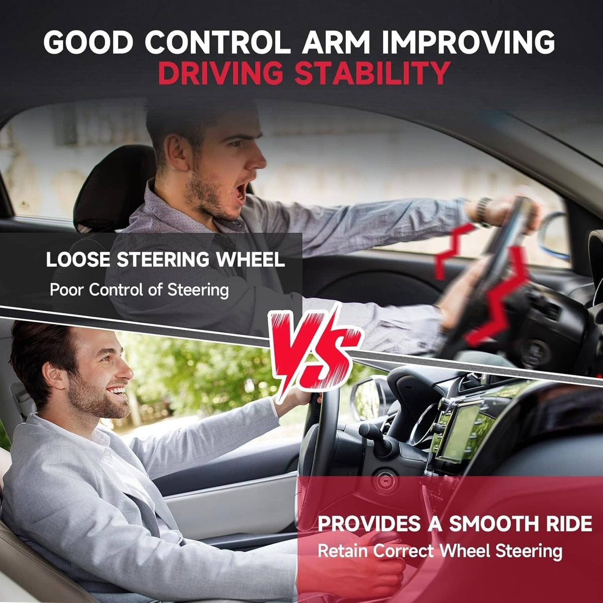 Driver in car interior with steering wheel and suspension stability comparison graphic