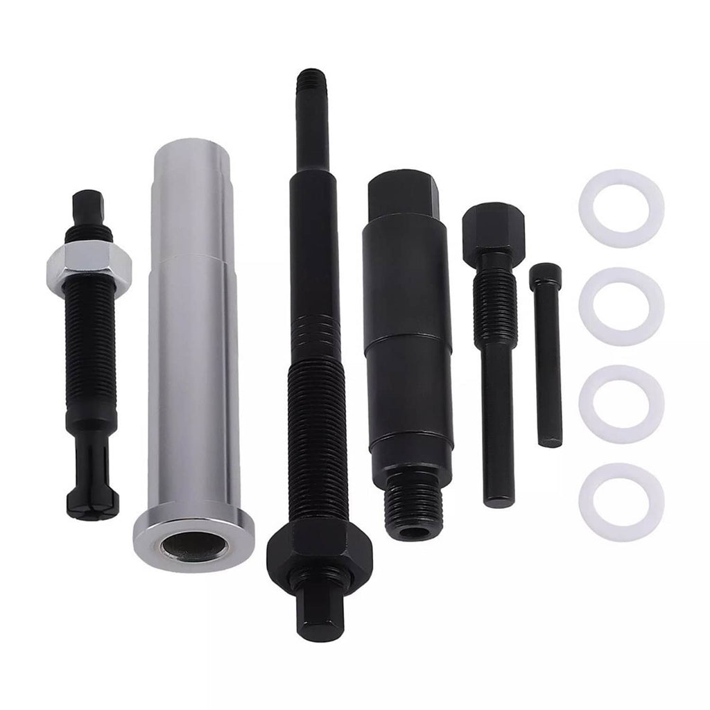 Spark plug remover tool set with black and silver pullers and rings
