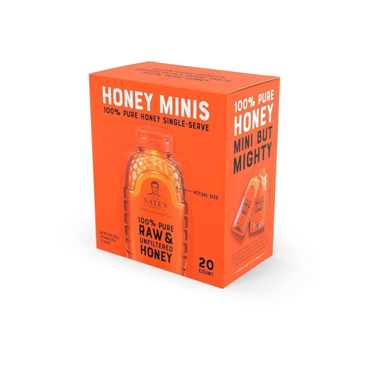 Nate's Honey Minis 20-count carton with single-serve raw & unfiltered honey bottle