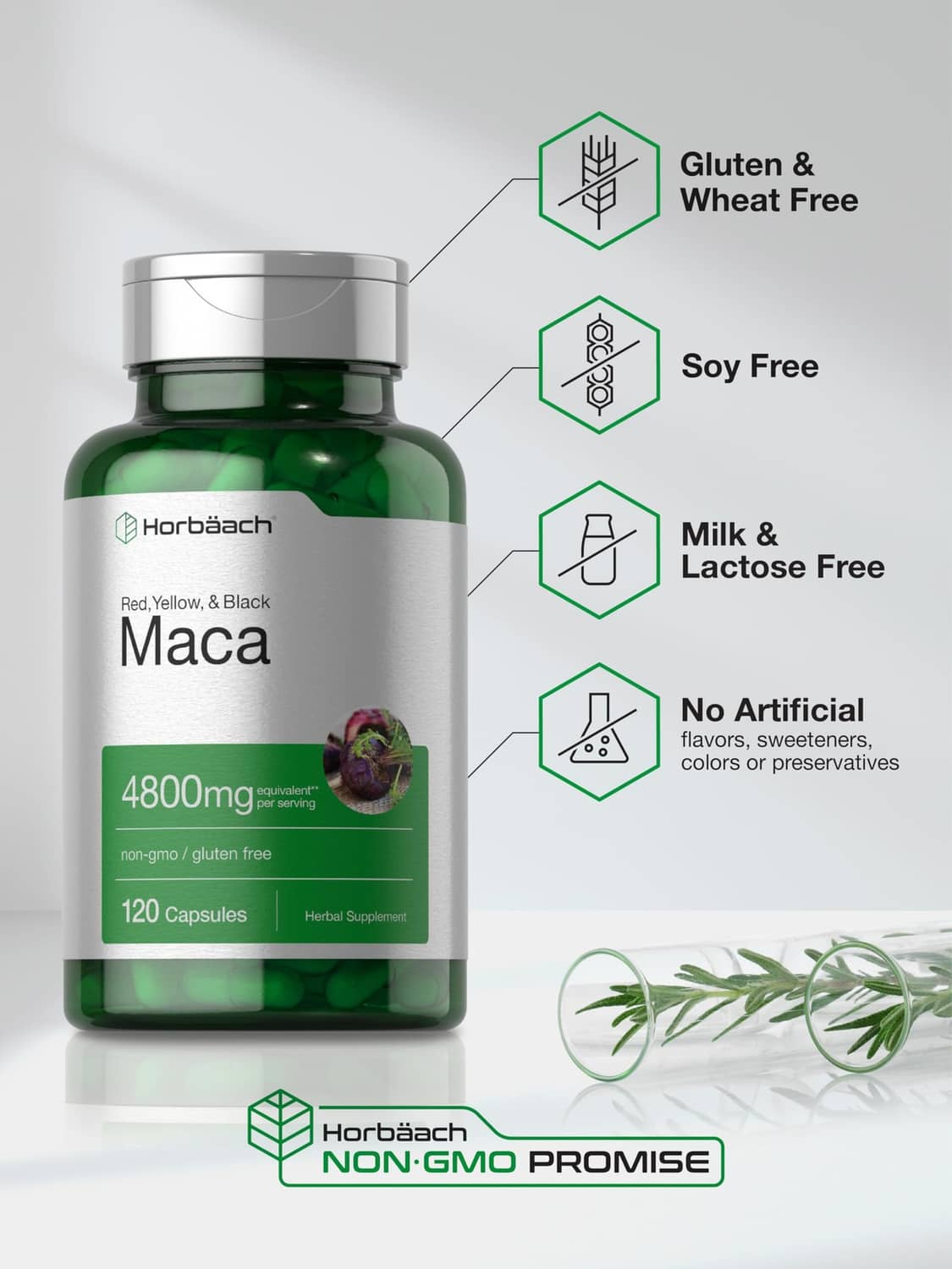 Horbäach maca root capsules bottle, 120 count, gluten free