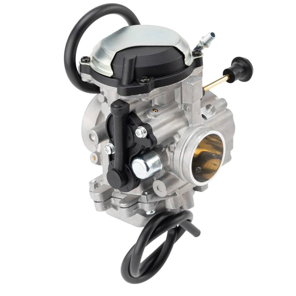 ATV carburetor assembly with air inlet and black wiring, silver housing
