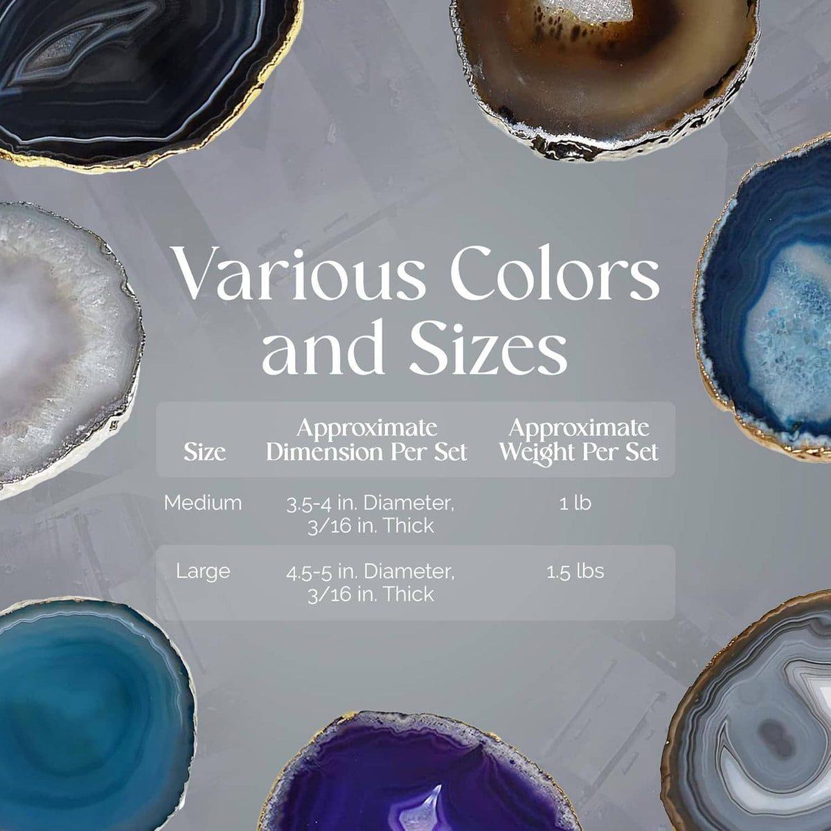 Assorted blue agate coaster slices with varied swirl patterns and gold-edged cut faces