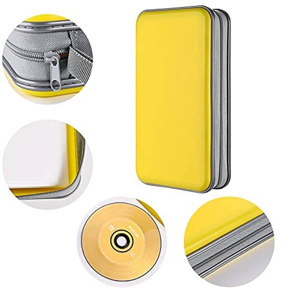 Yellow hard plastic CD/DVD organizer case with zipper, gray side panel, and close-up details