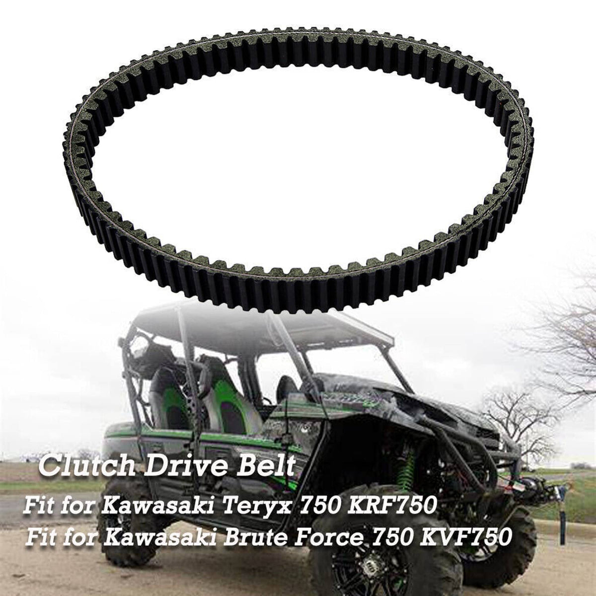 Clutch drive belt with black ribbed teeth and textured side surface