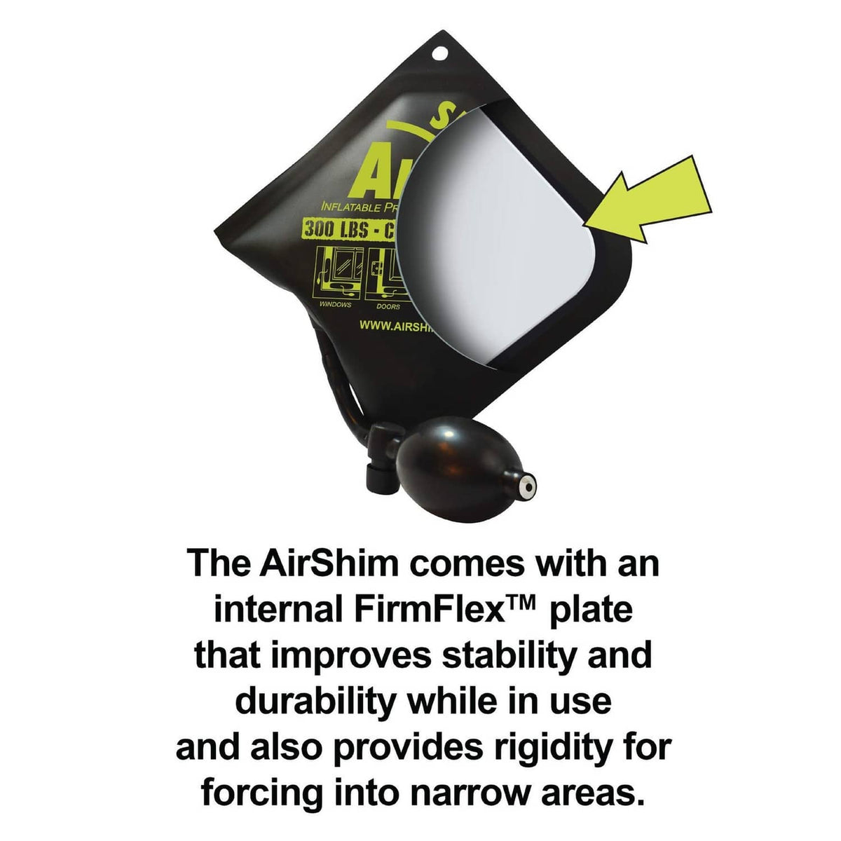 Inflatable AirShim pry bar and leveling tool with black pump bulb