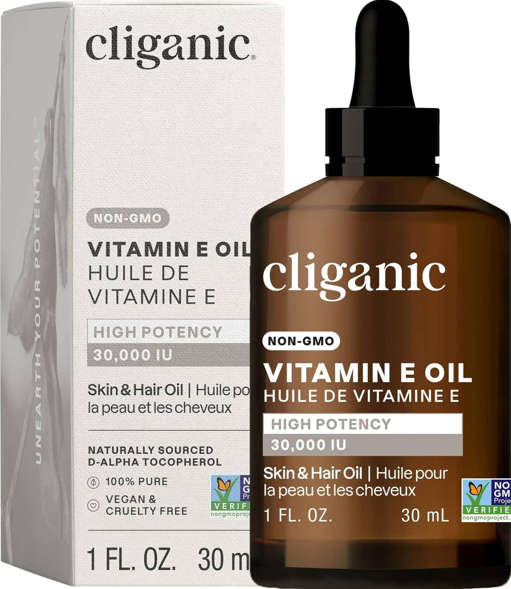 Cliganic Vitamin E oil bottle with box, 1 fl oz amber glass dropper